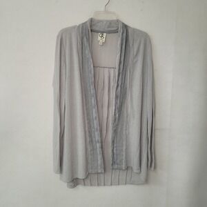 One September Grey Textured Knit Open Front Cardigan M Lace Pleated‎ Back
